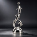 Against a dark studio canvas, this outdoor dolphin garden sculpture explores the sculptural volume and highly reflective kinetic marine group design.