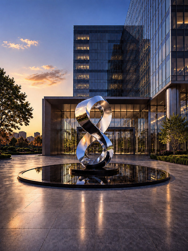 Outdoor stainless steel sculpture integrated into a commercial landscape design and public space