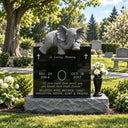 Anchoring a sunlit cemetery grounds, this polished black granite memorial headstone features a sculpted reclining elephant and custom lettering with floral accents.