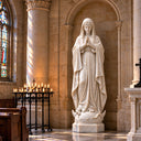 Depicting a moment of devotion, this hand-carved Marian sculpture portrays a praying Mary, crafted as an Immaculate Conception marble statue within a church sanctuary.