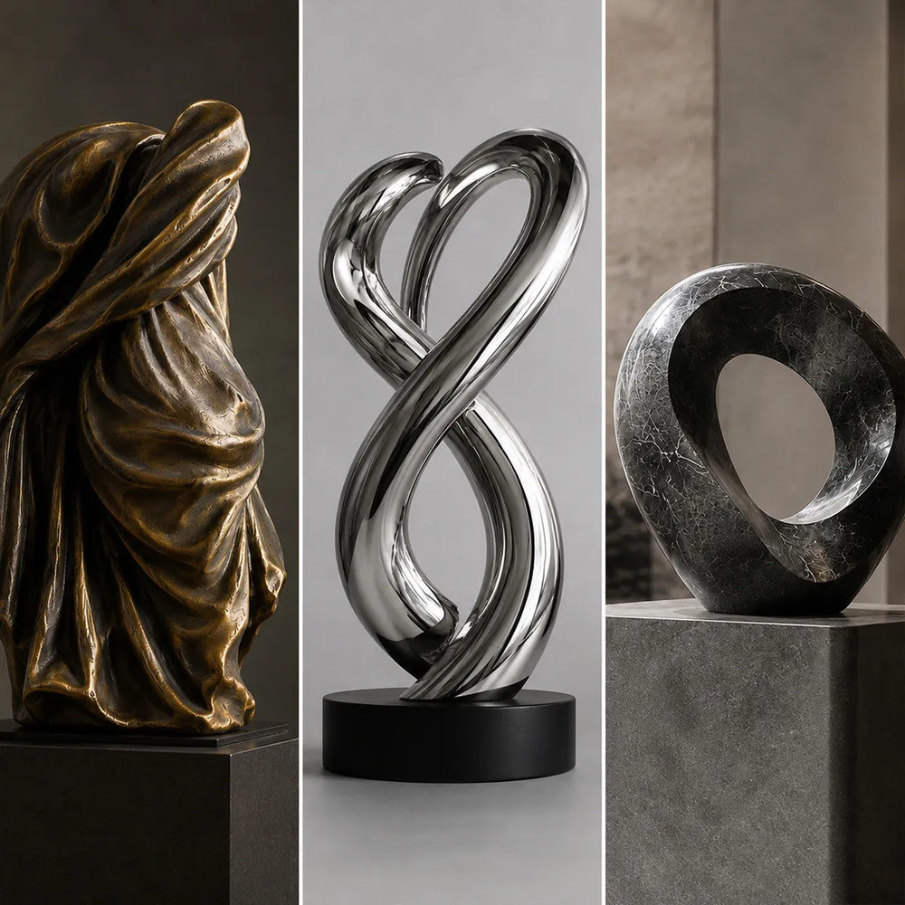 Premier material display for luxury sculptures, featuring premium bronze, stainless steel, stone, and glass finishes for bespoke art installations