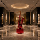 Red painted stainless steel saxophone sculpture displayed in a luxury hotel lobby interior as a contemporary art centerpiece