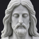 Close-up of the peaceful facial expression and detailed hair carving on a white marble Jesus statue.