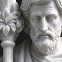 Close-up of Saint Joseph's carved marble face, detailed beard, and flowering lily in the Holy Family sculpture MM-064.