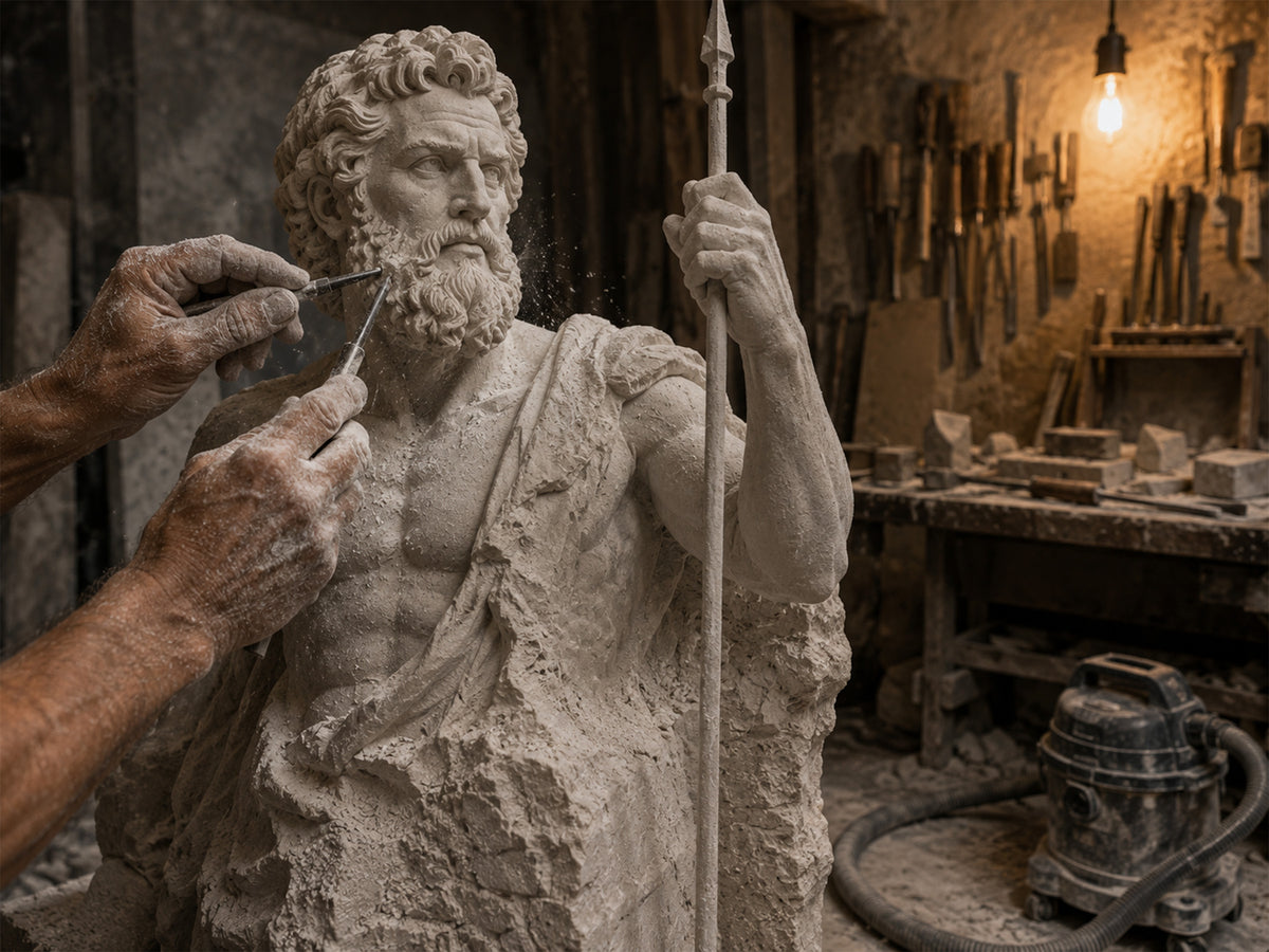 Sculptor carefully refining handcrafted sculpture details