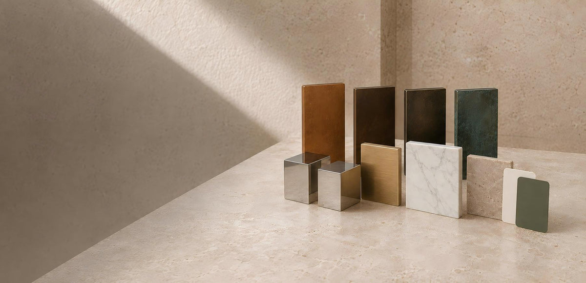 Stone and metal color samples for custom sculpture materials and finishes