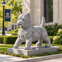 Exhibiting intricate hand-carved fur textures, this Sesame Gray granite West Highland Terrier statue sits upon a rectangular plinth for landscaped grounds.