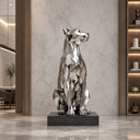Stainless steel dog sculpture displayed in a luxury residence