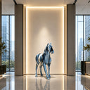 Modern stainless steel horse sculpture displayed in a luxury hotel lobby as a contemporary art centerpiece