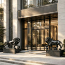 Custom stainless steel lion sculpture pair SS-016 with polished mirror finish for luxury architectural spaces