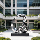 Large stainless steel loop sculpture creating a reflective focal point in a contemporary corporate courtyard.