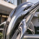 Emerging from the water's surface, this stainless steel marine animal sculpture presents the kinetic energy and polished crests of the aquatic figures.