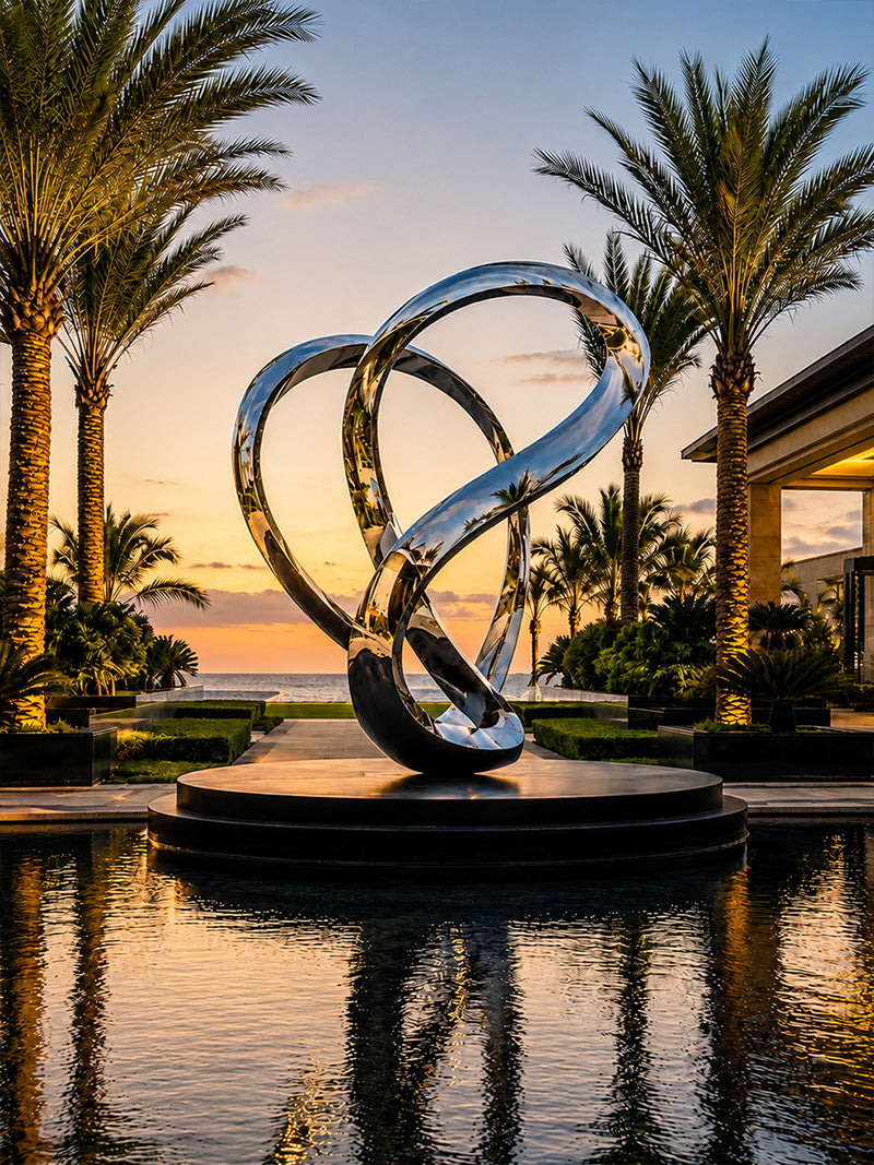Front view of a custom stainless steel outdoor sculpture with mirror polished finish
