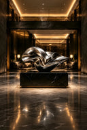Stainless steel sculpture installed in a luxury hotel lobby as a custom art project for architectural interiors