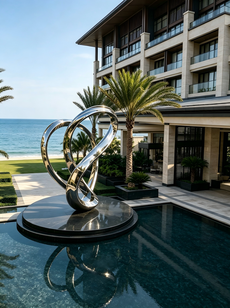 Large stainless steel sculpture integrated into a luxury resort landscape design