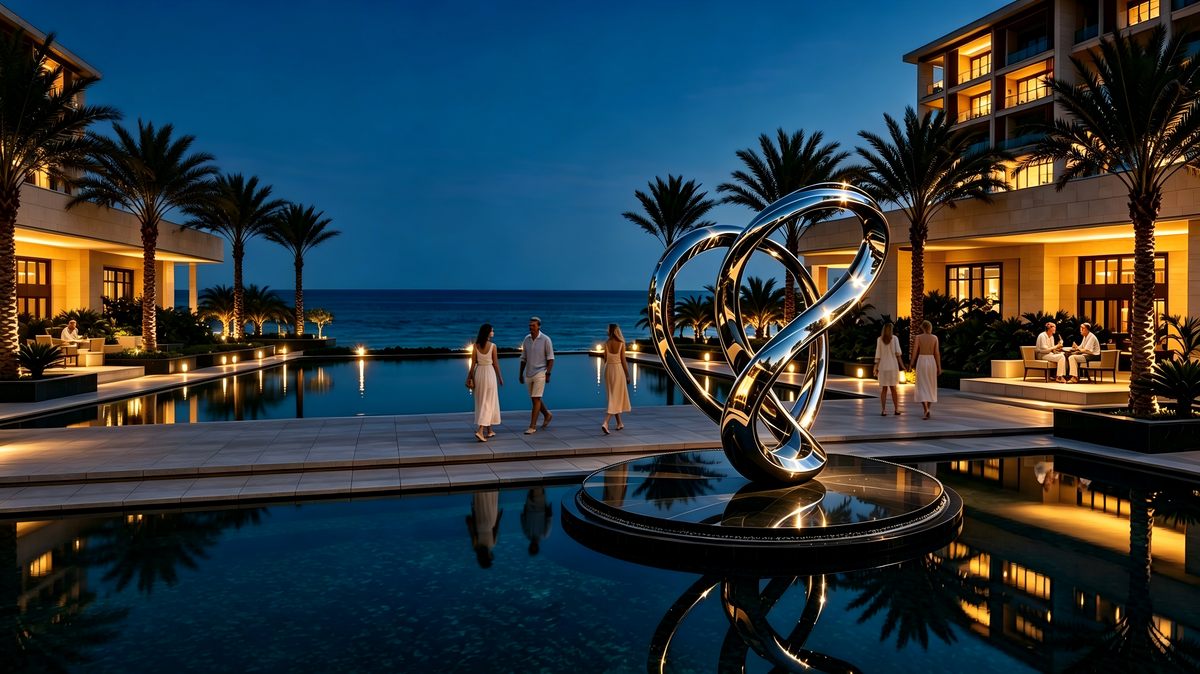 Night view of a custom stainless steel outdoor sculpture with mirror polished finish