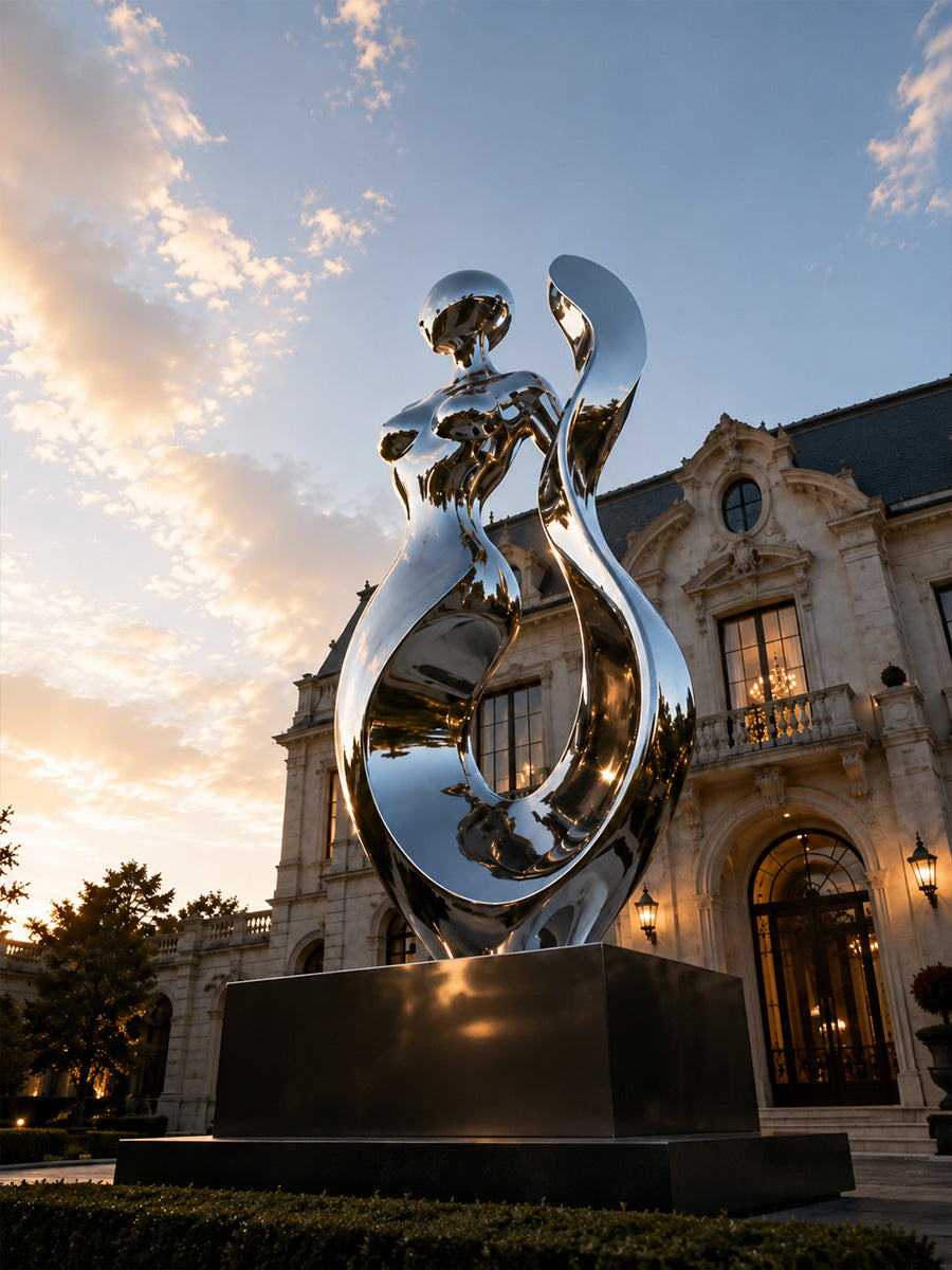 Top view showing the fluid human design of a contemporary stainless steel sculpture