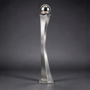 Captured against a dark studio backdrop, this stainless steel sphere sculpture unveils a mirror polished orb atop a brushed metal column, spotlighting its outdoor minimalist metal form for design catalogs.

