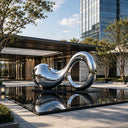 Contemporary stainless steel wave sculpture installed in a luxury architectural landscape with modern outdoor design