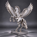 Arranged on a dark backdrop, this stainless steel winged horse sculpture presents the full stature and dynamic energy of a rearing steed in a studio product shot.