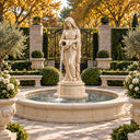 Stone female statue fountain in an autumn garden with yellow leaves, adding a classic and elegant touch to outdoor villa landscaping and patio decor.