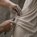 Close-up of a sculptor hand carving a stone sculpture with a chisel