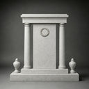 Presented on a dark studio backdrop, this warm beige granite monument highlights symmetrical architectural details, including a carved wreath, sturdy pillars, and decorative base urns.