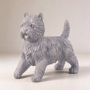 Depicted in a studio catalog setting, this Sesame Gray granite West Highland Terrier statue captures a detailed sculptural rendition with lifelike features.