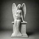 Studio portrait of a white marble angel sculpture against a dark backdrop, highlighting the detailed feather carvings and solemn posture.