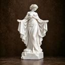 Studio shot of a white marble classical female statue in a draped robe with outstretched arms on a dark background, highlighting detailed carving and elegant posture for art decor product display and reference.