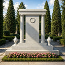 Standing proud within a sunlit cemetery garden, this beige granite pillar monument features a carved floral wreath, fluted columns, and classic urn finials on its base, flanked by cypress trees and pink blooms.