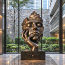 Large surreal bronze woman face and hand sculpture displayed in a modern glass atrium