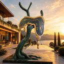 Surrealist bronze melting clock sculpture with organic tree design for luxury outdoor art projects