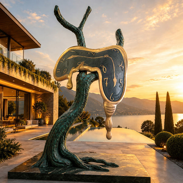 Surrealist bronze melting clock sculpture with organic tree design for luxury outdoor art projects