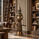 Symbolic bronze statue BB-017 holding balanced scales and a central globe in an elegant private library interior