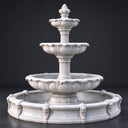 Three-tier white stone fountain on a dark background, showcasing detailed carved texture and classic tiered design for garden decor product display and reference.