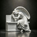 Gray granite weeping angel monument MM-022 with folded arms, flowing robes and a blank inscription panel