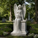 A white marble angel statue seated atop a memorial tribute, holding a carved floral bouquet in a tranquil cemetery setting.