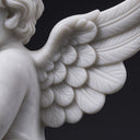 Detailed view of a white marble angel wing, displaying individual feather textures and the polished surface against a dark background.