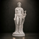 Full front view of a white marble Apollo statue holding a lyre on a dark background, showcasing its classical form and detailed drapery for art decor product display.