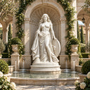 White marble Athena statue MM-028 with a Medusa shield displayed in an elegant landscaped courtyard fountain