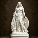 Front view of white marble Athena statue MM-028 showing the Medusa shield, classical drapery and integrated base