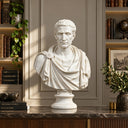 White marble Caesar bust in a classical Roman style, placed on a console table in an elegant study room with bookshelves, plants, and framed art, ideal for luxury interior art decor.
