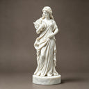 White marble classical female statue holding a round disc with a butterfly, standing on a pedestal against a grey background, ideal as an elegant art decor piece for home or office.