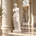 White marble classical female statue placed beside Roman columns in a luxury hall with marble floors and arched windows, used as high-end interior art decor for villas and hotels.