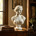 White marble draped woman bust sculpture MM-019 with gathered hair, layered clothing and an integrated round base
