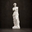 Full view of a white marble classical female statue on a dark background, highlighting its elegant posture and draped robe details for art decor product display.