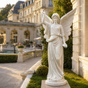 White marble guardian angel statue MM-021 displayed in a landscaped European estate garden