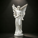 White marble guardian angel statue MM-021 with open wings, a raised hand and flowing robes
