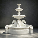 Studio shot of a white marble tiered fountain with detailed horse head sculptures and carved shell motifs on a dark background, ideal for garden decor product display and reference.